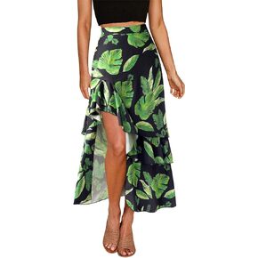 Ezcosplay Women High Waisted Hawaiian Tropical Floral Maxi Skirt Ruffle High Slit Long Skirts with Pockets
