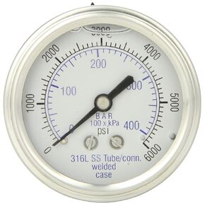 PIC Gauge 302LFW-254B 2.5" Dial, 0/15 psi Range, 1/4" Male NPT Connection Size, Center Back Mount Glycerine Filled Pressure Gauge with a Stainless Steel Case and Internals, Stainless Steel Bezel, and Polycarbonate Lens