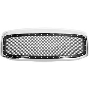 Mesh Front Hood Bumper Grille Grill Compatible Compatible for Dodge for Ram 1500/2500/3500 with Rivet, Durable, ABS, Chrome Silver Tone Gloss Black
