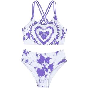 OYOANGLE Girl's 2 Piece Bikini Set Tie Dye Criss Cross Backless Scoop Neck Mid Rise Swimsuits
