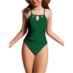 Milumia Girl's Ditsy Floral One Piece Swimsuit Ruched Crisscross Back Bathing Suit Swimwear Dark Green 10Y