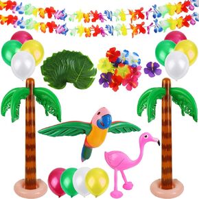 Ruisita Hawaiian Party Toys 20 Pack Inflatable Beach Balls 12 Pack Palm Leaves 12 Pack Hawaiian Flowers 2 Pack Inflatable Palm Trees 2 Pack Luau Garlands Banners Inflatable Parrot Flamingo for Outdoor