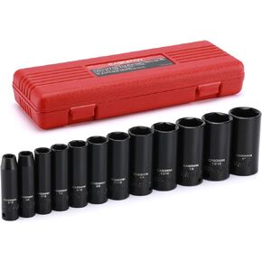 CASOMAN 12 Pieces 3/8-Inch Drive Impact Socket Set, 6-Point, SAE, Deep, CR-V, 5/16" to 1", Heavy Duty Blow Molded Storage Case