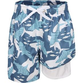 Boys Swim Trunks with Compression Liner Swim Shorts Boys Boards Shorts with Boxer Brief Liner 7-16 Years