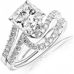 14K White Gold 2.75 Carat LAB GROWN DIAMOND Curving Pave & Prong-set Round Princess Cut Diamond Engagement Ring and Wedding Band Set (E-F Color VS2-SI1 Clarity 2 Ct Center)