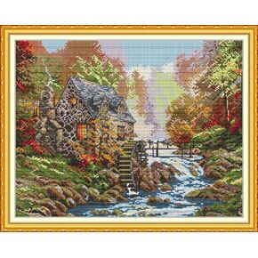 CaptainCrafts New Cross Stitch Kits Embroidery Kit Full Range Villages Landscape Pre-Printed and Counted Fabrics Kits for Adults Beginners Home Decor (Stamped 14CT, Riverside Mill)