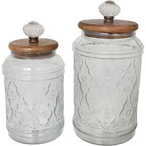 Deco 79 Glass Living Room Decorative Jars Beaded Decorative Container with Wood Lids, Set of 2 Jar with Lid 8", 7"H, Clear