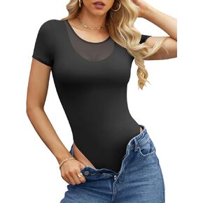 Shapewear Bodysuit for Women Cutout V Short Sleeve Shirts Sheer Mesh Trendy Going Out Tummy Control Bodysuits Tops