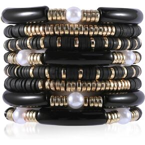 Clay Bead Bracelet for Women, 8 PCS Preppy Bracelets Stack Bangle Bracelets Bamboo Tube Heishi Beads Chunky Bracelets for Girls