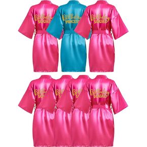 7 Pcs Birthday Squad Robe Birthday Princess Robe Short Kimono Robe Satin Silk Robe Spa Party Supplies for Girl Wedding