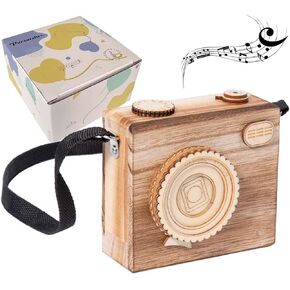 Pursuestar Edelweiss Windup Music Box, Wood Handmade Camera Rotating Lens with Strap YunSheng Mechanism Movement Musical Box for Boys Girls Birthday Children's Day