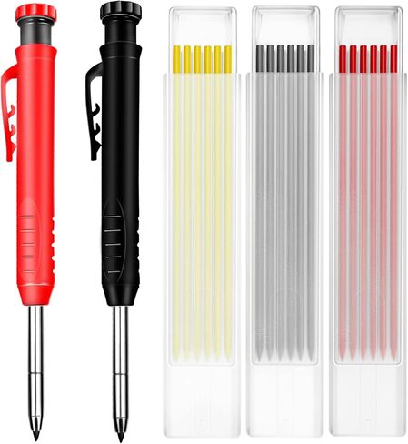 2 Pack Mechanical Carpenter Pencils Built-in Pencil Sharpener with 20 Refills(Black, Yellow, Red), Carpentry Construction Pencils Heavy Duty Mechanical Carpenter Pencil for Woodworking in Kuwait