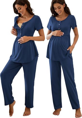 Women's Maternity Nursing Pajama Set Breastfeeding Loungewear Mama Clothes Short Sleeve Top & Pants Pregnancy PJS in Kuwait