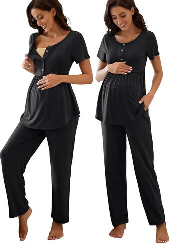 Women's Maternity Nursing Pajama Set Breastfeeding Loungewear Mama Clothes Short Sleeve Top & Pants Pregnancy PJS in Saudi Arabia