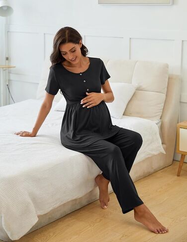 Women's Maternity Nursing Pajama Set Breastfeeding Loungewear Mama Clothes Short Sleeve Top & Pants Pregnancy PJS in Saudi Arabia