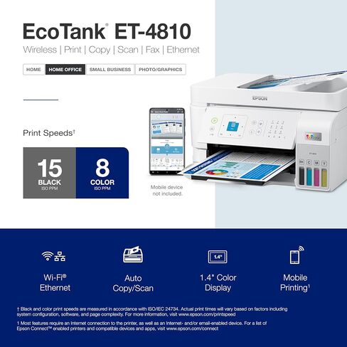 Epson EcoTank ET-4810 طابعة Supertank لاسلكية الكل في واحد خالية من الخراطيش مع ماسح ضوئي وناسخة وفاكس ووحدة تغذية المستندات التلقائية وإيثرنت - الطابعة اليومية السريعة لمكتبك المنزلي (متجددة) in Saudi Arabia