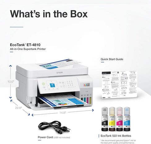 Epson EcoTank ET-4810 طابعة Supertank لاسلكية الكل في واحد خالية من الخراطيش مع ماسح ضوئي وناسخة وفاكس ووحدة تغذية المستندات التلقائية وإيثرنت - الطابعة اليومية السريعة لمكتبك المنزلي (متجددة) in Saudi Arabia