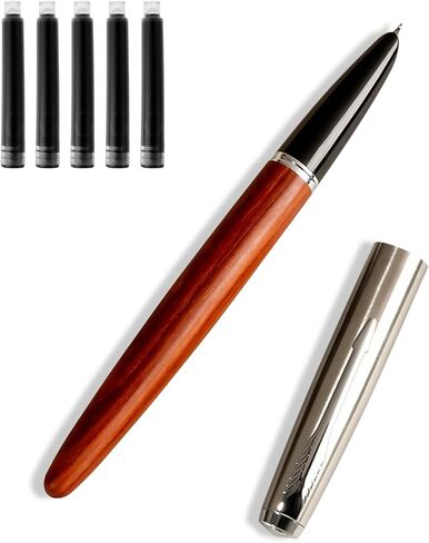 Wooden Fountain Pen with Bent Nib, Lightweight Classic-Designed Fude Pen for Calligraphy, Art Drawing and Smooth Writing, Includes 5 Black Ink Cartridges, Ink Refill Converter, Gift Box in Saudi Arabia
