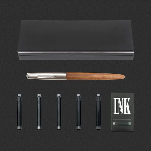Wooden Fountain Pen with Bent Nib, Lightweight Classic-Designed Fude Pen for Calligraphy, Art Drawing and Smooth Writing, Includes 5 Black Ink Cartridges, Ink Refill Converter, Gift Box in Saudi Arabia