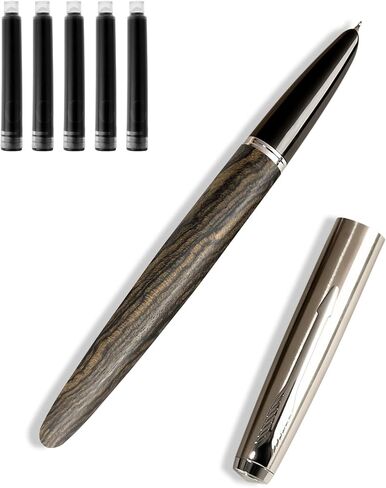 Wooden Fountain Pen with Bent Nib, Lightweight Classic-Designed Fude Pen for Calligraphy, Art Drawing and Smooth Writing, Includes 5 Black Ink Cartridges, Ink Refill Converter, Gift Box in Saudi Arabia