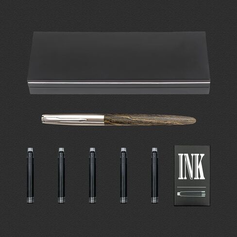 Wooden Fountain Pen with Bent Nib, Lightweight Classic-Designed Fude Pen for Calligraphy, Art Drawing and Smooth Writing, Includes 5 Black Ink Cartridges, Ink Refill Converter, Gift Box in Saudi Arabia