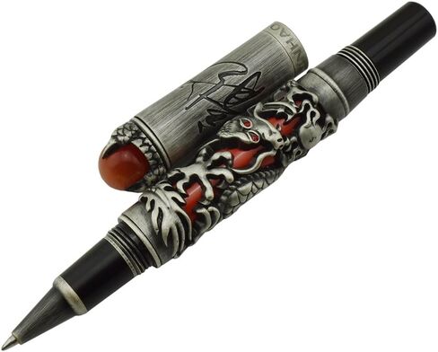 قلم Jinhao Vintage Dragon Roller Ball باللون الرمادي والأحمر لكتابة المجلات ومذكرات السفر مع حقيبة القلم والمجوهرات في الأعلى قلم ثقيل in Kuwait