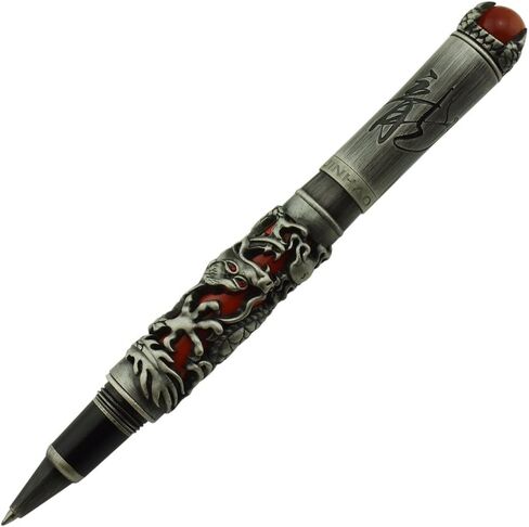 قلم Jinhao Vintage Dragon Roller Ball باللون الرمادي والأحمر لكتابة المجلات ومذكرات السفر مع حقيبة القلم والمجوهرات في الأعلى قلم ثقيل in Kuwait