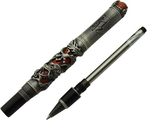 قلم Jinhao Vintage Dragon Roller Ball باللون الرمادي والأحمر لكتابة المجلات ومذكرات السفر مع حقيبة القلم والمجوهرات في الأعلى قلم ثقيل in Kuwait