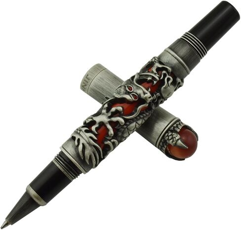 قلم Jinhao Vintage Dragon Roller Ball باللون الرمادي والأحمر لكتابة المجلات ومذكرات السفر مع حقيبة القلم والمجوهرات في الأعلى قلم ثقيل in Kuwait