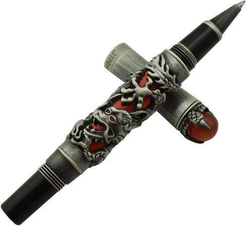 قلم Jinhao Vintage Dragon Roller Ball باللون الرمادي والأحمر لكتابة المجلات ومذكرات السفر مع حقيبة القلم والمجوهرات في الأعلى قلم ثقيل in Kuwait