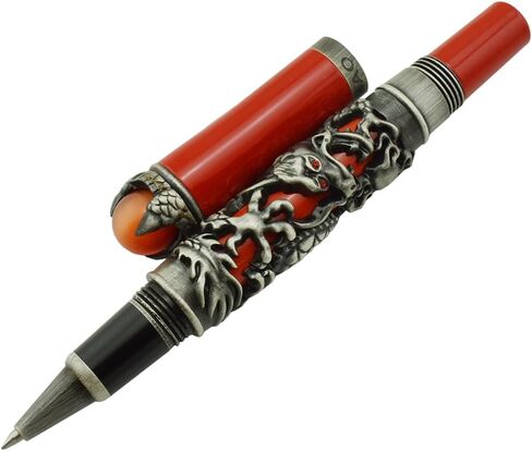 قلم Jinhao Vintage Dragon Roller Ball باللون الرمادي والأحمر لكتابة المجلات ومذكرات السفر مع حقيبة القلم والمجوهرات في الأعلى قلم ثقيل in Kuwait