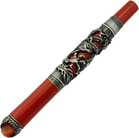 قلم Jinhao Vintage Dragon Roller Ball باللون الرمادي والأحمر لكتابة المجلات ومذكرات السفر مع حقيبة القلم والمجوهرات في الأعلى قلم ثقيل in Kuwait