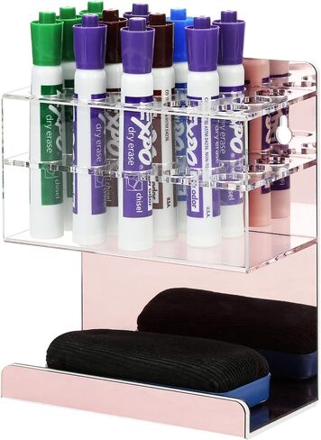 MyGift Wall Mounted Dry Erase Marker Holder, Premium Rose Gold and Clear Acrylic Whiteboard Accessories Storage Rack with 15 Slots for Markers & Bottom Tray Eraser Holder in Saudi Arabia