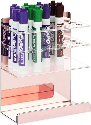 MyGift Wall Mounted Dry Erase Marker Holder, Premium Rose Gold and Clear Acrylic Whiteboard Accessories Storage Rack with 15 Slots for Markers & Bottom Tray Eraser Holder in Saudi Arabia