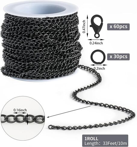 Lemonkey 33 Feet Metal Black Necklace Chains Curb Links Chains Bulk for Jewelry Making DIY Craft Kit with Lobster Clasps Jump Rings in Saudi Arabia