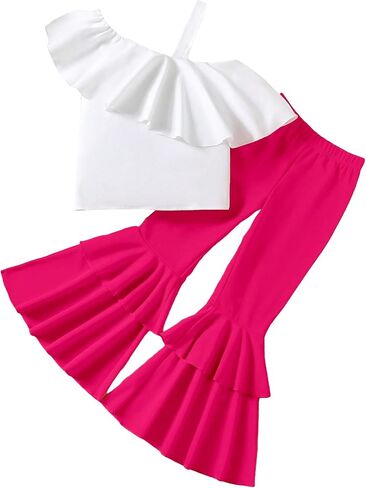 Milumia Girl's 2 Piece Ruffle Trim Asymmetrical Neck Tee and Layered Flare Pants Clothing Set in Saudi Arabia