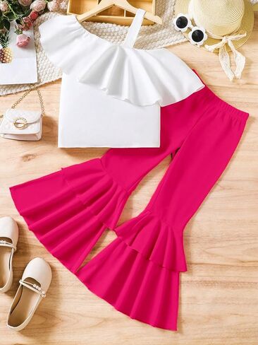 Milumia Girl's 2 Piece Ruffle Trim Asymmetrical Neck Tee and Layered Flare Pants Clothing Set in Saudi Arabia