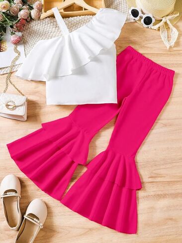 Milumia Girl's 2 Piece Ruffle Trim Asymmetrical Neck Tee and Layered Flare Pants Clothing Set in Saudi Arabia