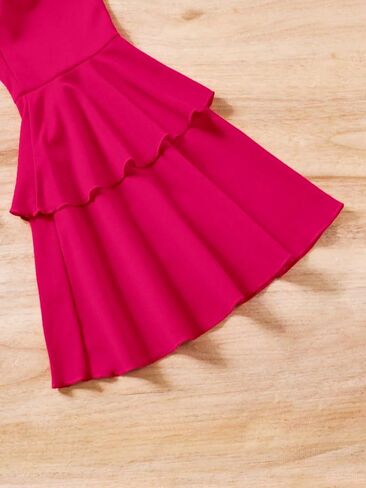 Milumia Girl's 2 Piece Ruffle Trim Asymmetrical Neck Tee and Layered Flare Pants Clothing Set in Saudi Arabia
