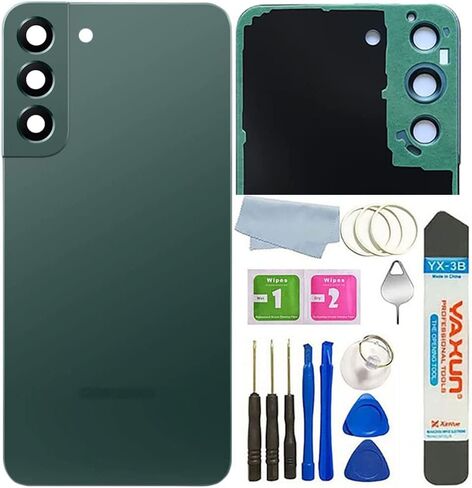 غطاء زجاجي خلفي لهاتف Galaxy S22 Plus باب غطاء مقاوم للماء مع عدسة زجاجية للكاميرا وأجزاء شريط بديلة لهاتف Samsung Galaxy S22+ Plus S906 جميع الإصدارات + الأدوات (أسود) in Saudi Arabia