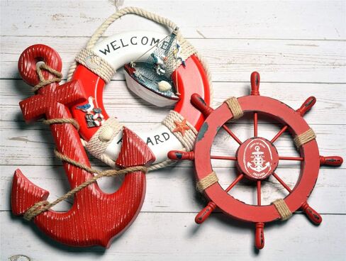 زخرفة جدارية خشبية على شكل مرساة منارة بحرية، ديكور حائط على شكل قارب خشبي على الشاطئ، سفينة إبحار بحرية، ديكور عرض المنزل، حلقة حياة بحرية، ديكور جدار منزل الشاطئ in Kuwait