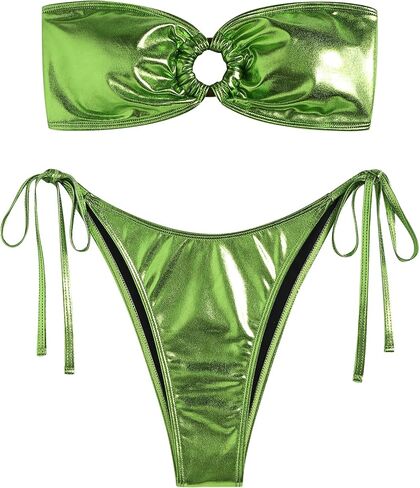 ZAFUL Women's Bandeau Bikini Strapless O Ring Metallic Tie Back High Cut Two Piece Swimsuit Bathing Suits in Saudi Arabia
