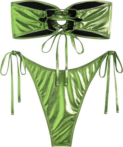 ZAFUL Women's Bandeau Bikini Strapless O Ring Metallic Tie Back High Cut Two Piece Swimsuit Bathing Suits in Saudi Arabia