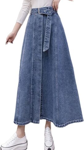 Denim Maxi Skirt - High Waist A-line Cut with Patchwork Design in Saudi Arabia