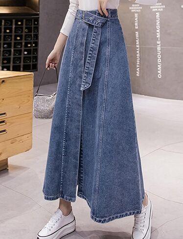 Denim Maxi Skirt - High Waist A-line Cut with Patchwork Design in Saudi Arabia