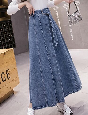 Denim Maxi Skirt - High Waist A-line Cut with Patchwork Design in Saudi Arabia