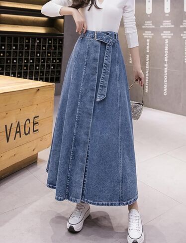 Denim Maxi Skirt - High Waist A-line Cut with Patchwork Design in Saudi Arabia