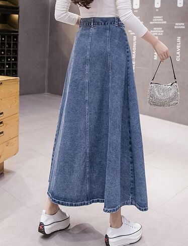 Denim Maxi Skirt - High Waist A-line Cut with Patchwork Design in Saudi Arabia
