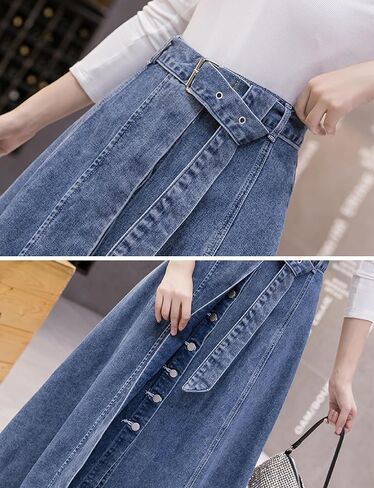 Denim Maxi Skirt - High Waist A-line Cut with Patchwork Design in Saudi Arabia