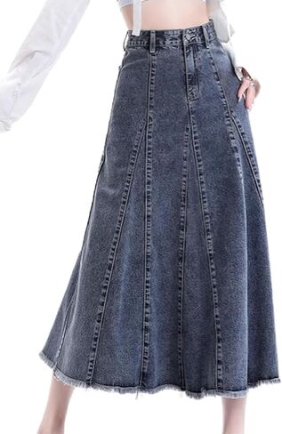 Denim Maxi Skirt - High Waist A-line Cut with Patchwork Design in Saudi Arabia